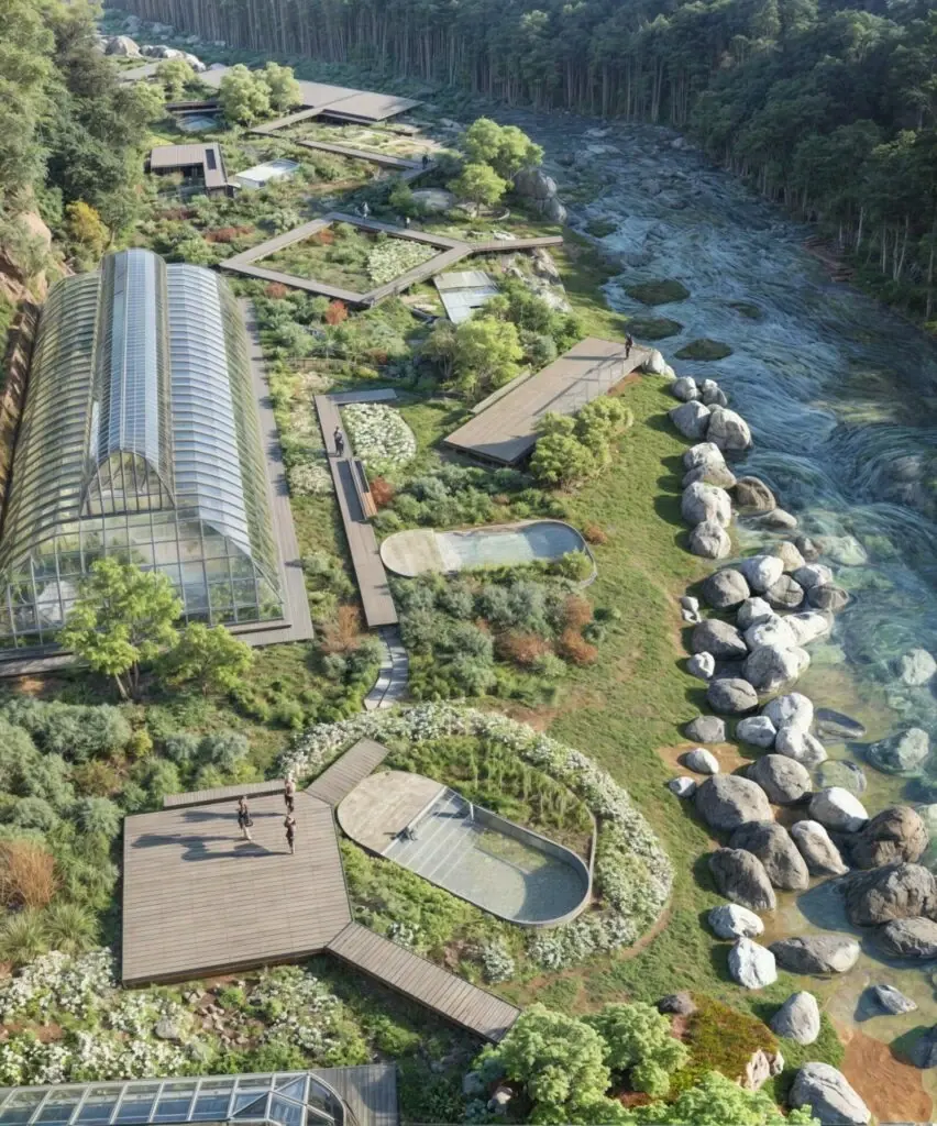 Parque Termal Botánico visto desde arriba, con piscinas, invernadero y el río